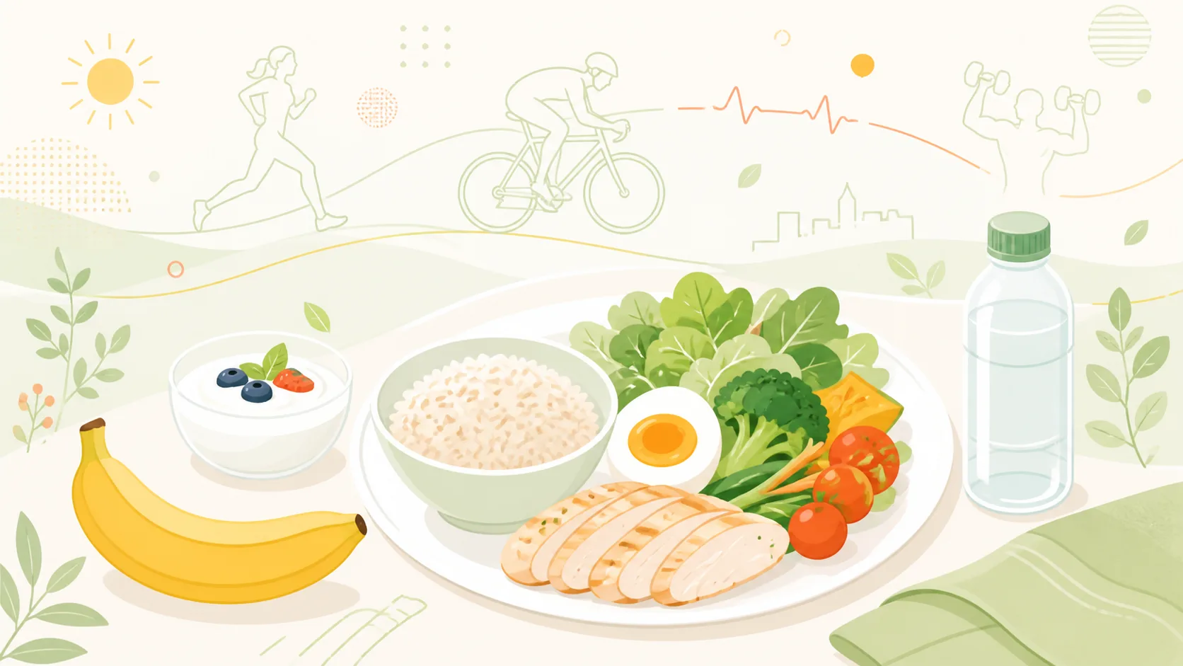 食事プレート、バナナ、水分補給、スポーツの線画を組み合わせたイラスト